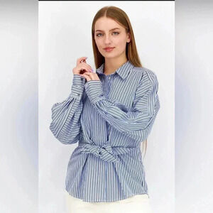 Lauren Ralph Lauren Women Size 2X Blue White Striped Tie-Front Broadcloth Shirt